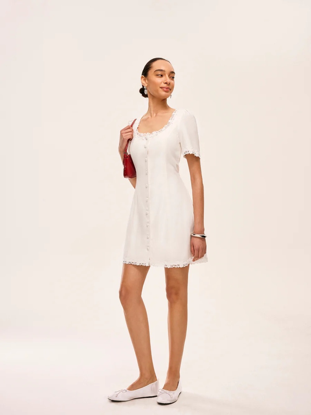 Commense Cotton & Linen Lace-Trimmed Button-Detail Dress
